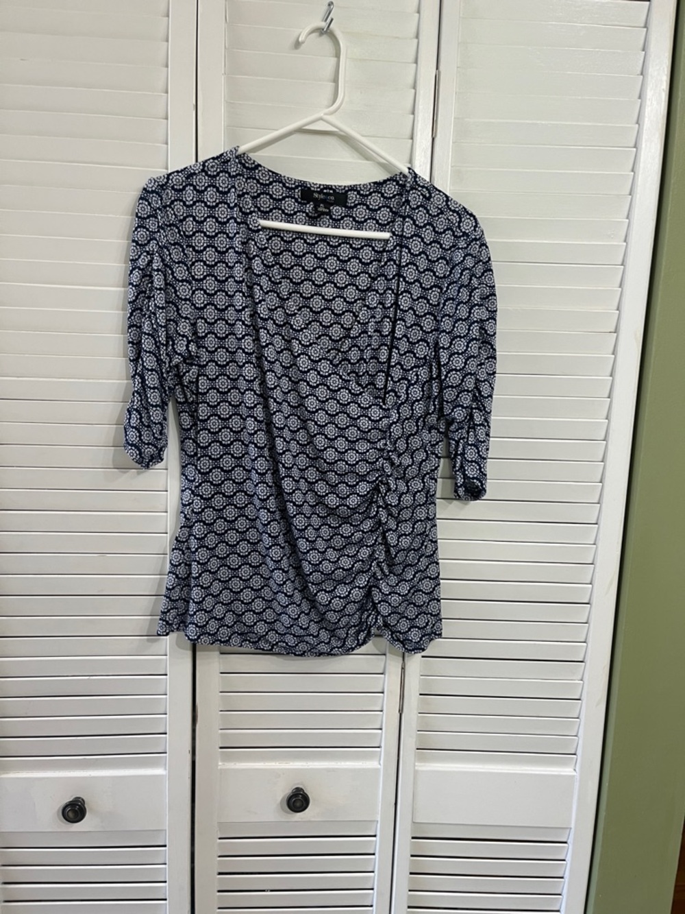 Style & Co. Navy and White Geometric Wrap Blouse